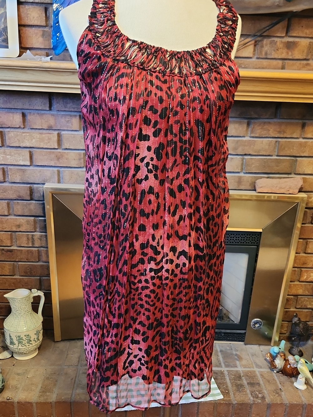 Lynn Ritchie Silver Leopard Print Sheer Dress Gold 100% Silk Red Black Gold